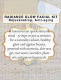 Radiance Glow Facial Kit packaging with text on a textured beige background